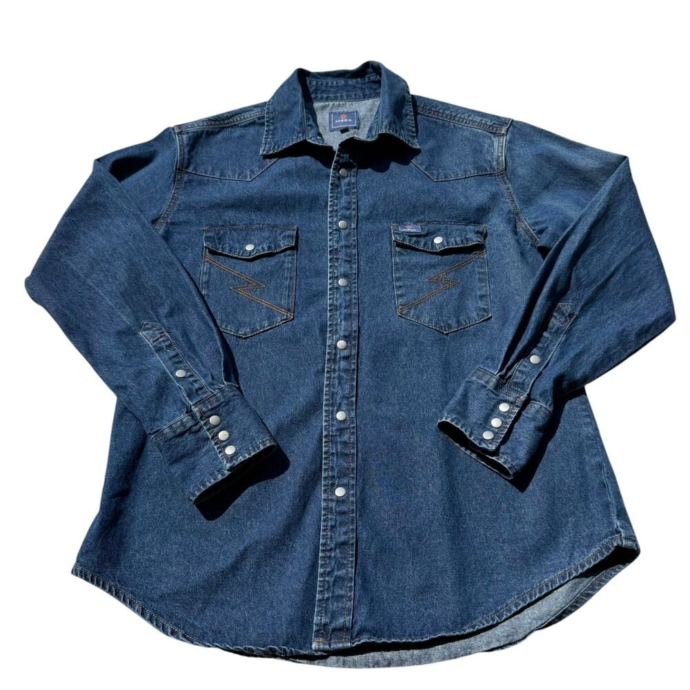 HISEA Jeans Denim Shirt Men’s Large Blue Long Sleeve Western Workwear